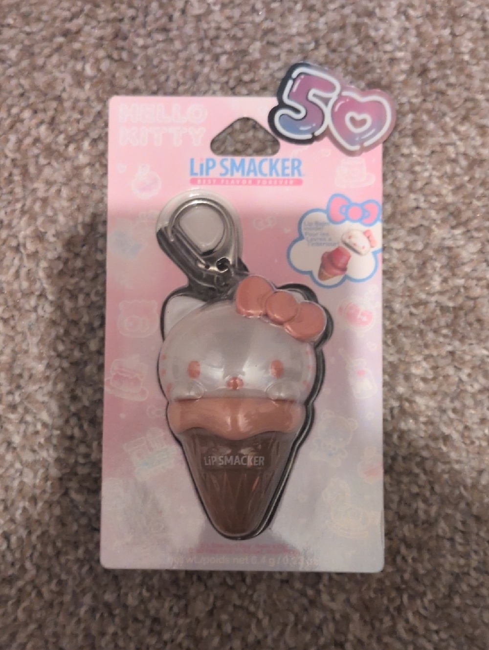 Hello Kitty Lipsmackers 50th Anniversary Pink Ice Cream Keychain Lip Balm